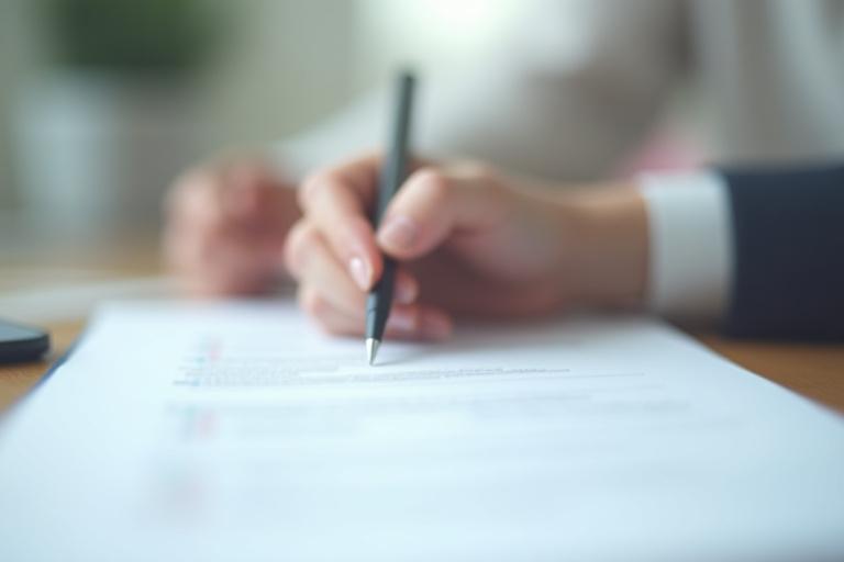 A person signing a formal document with a checklist in the background.