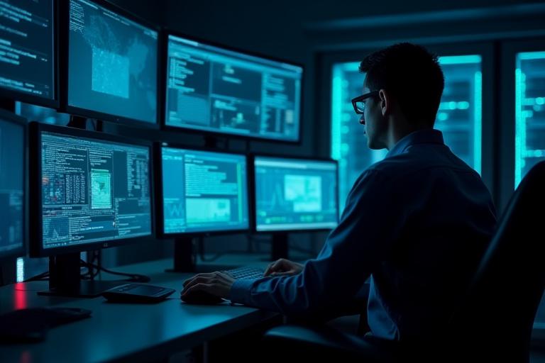 A security analyst monitoring multiple screens in a dark operations center.